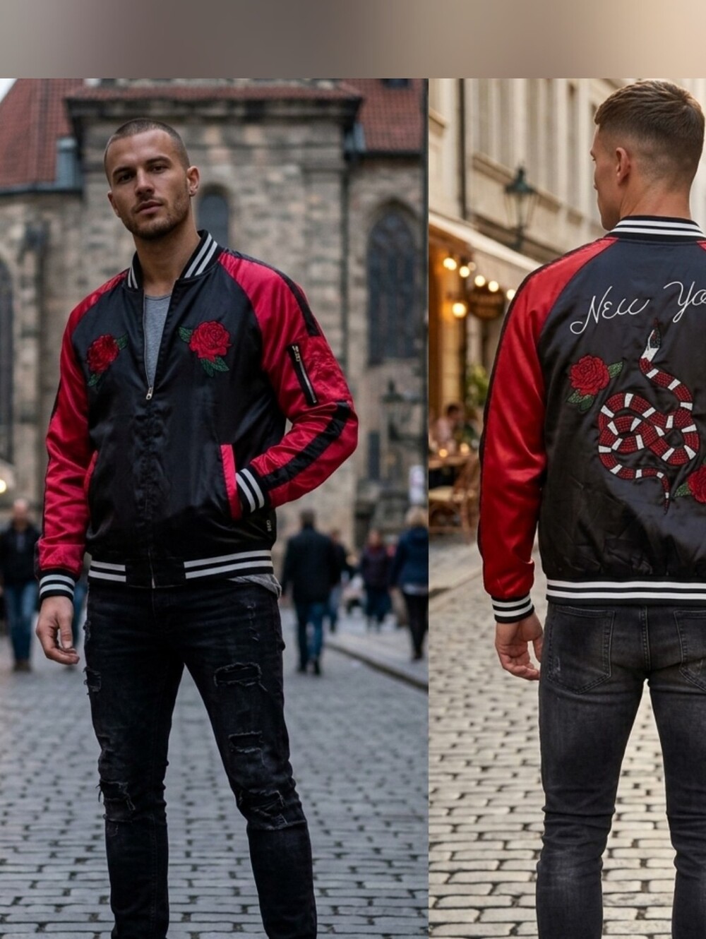 Brooklyn Cloth Embroidered Sukajan Bomber Jacket Snake Rose New York Satin M